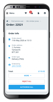 mobile ordering screenshot on a mobile phone